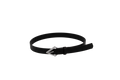 The Volcom Women's Stoned Forever black leather belt, featuring a distinctive silver, stone-shaped buckle, is coiled in a circle on a plain white background.