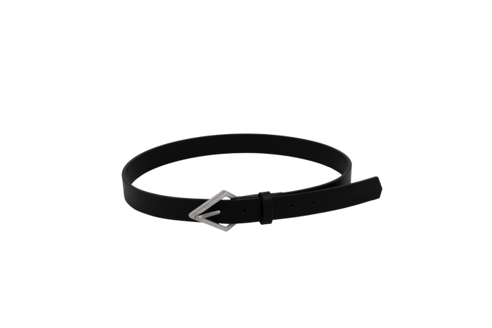 The Volcom Women's Stoned Forever black leather belt, featuring a distinctive silver, stone-shaped buckle, is coiled in a circle on a plain white background.