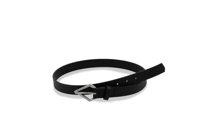 A Volcom Women's Stoned Forever black leather belt with a silver, stone-shaped buckle is displayed on a white background. The belt is coiled in a loose circle, with the end threaded through the buckle and pointed outward.