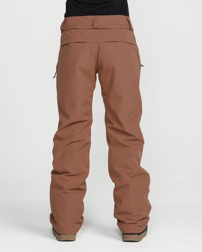 A person is shown from the back against a plain white background wearing brown, loose-fitting Volcom Women’s Stoned Insulated Pants with a high waist and clean, logo-free look. The pants provide 10K waterproof protection and recycled insulation for warmth, paired here with tan shoes.