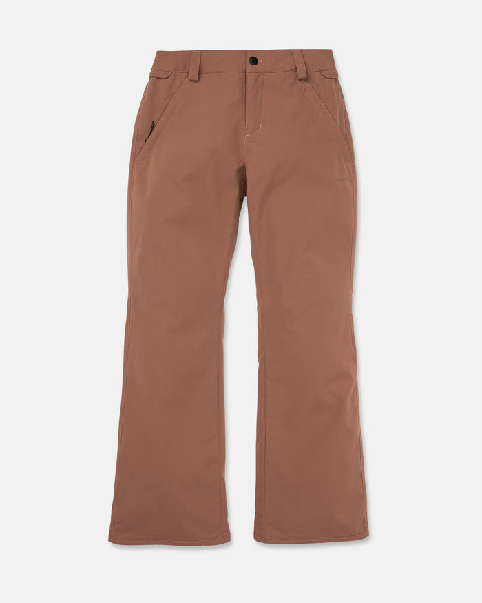 Volcom Women’s Stoned Insulated Pants: Brown straight-leg pants featuring a front zipper, button closure, belt loops, and side pockets, designed with 10K waterproof protection and recycled insulation for warmth. Shown flat against a white background.