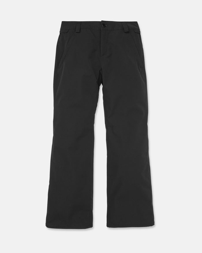 A pair of Volcom Women’s Stoned Insulated Pants in black, featuring a straight-leg cut, 10K waterproofing, belt loops, button closure, and side pockets, laid flat on a white background.