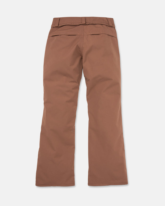 The Volcom Women’s Stoned Insulated Pants are shown from the back in brown, featuring belt loops, two horizontal back pockets, and slightly flared legs against a white background. Inspired by the original Women’s Stoned Ins Pant design, these pants offer recycled insulation and 10K waterproof protection for stylish comfort in any weather.