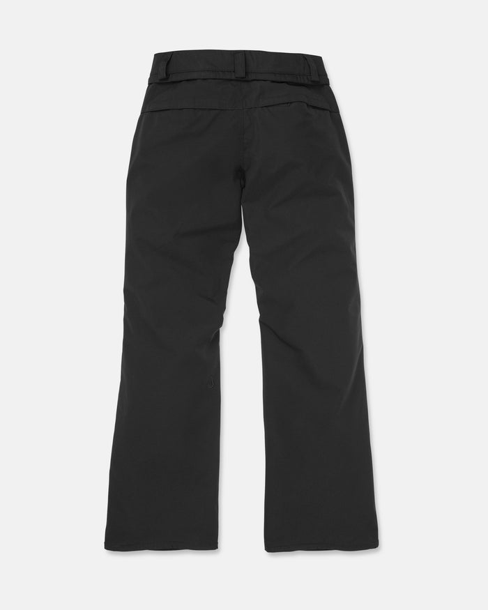 Back view of the Volcom Women’s Stoned Insulated Pants in black, featuring a straight-leg cut and belt loops, shown on a plain white background.