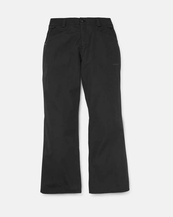 The Volcom Women’s Stoned Pants, featuring a black slim mid-rise straight-leg design with belt loops and side pockets, are laid flat on a white background.