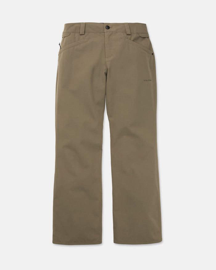 A pair of Volcom Women’s Stoned straight-leg snow pants in khaki, featuring waterproof material, side pockets, and a button closure, displayed flat against a white background.