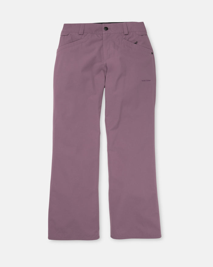 The Volcom Women’s Stoned Pants in purple are straight-leg pants featuring front pockets, belt loops, and a button closure, displayed flat on a white background. The Volcom brand name appears near the right pocket.