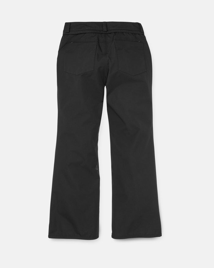 Volcom Women’s Stoned Pants shown from the back, featuring two rear pockets and a straight leg cut. Crafted from smooth V-Science 2-Layer fabric, these slim mid rise waterproof pants display visible seams and belt loops at the waistband. The image is set against a plain white background.