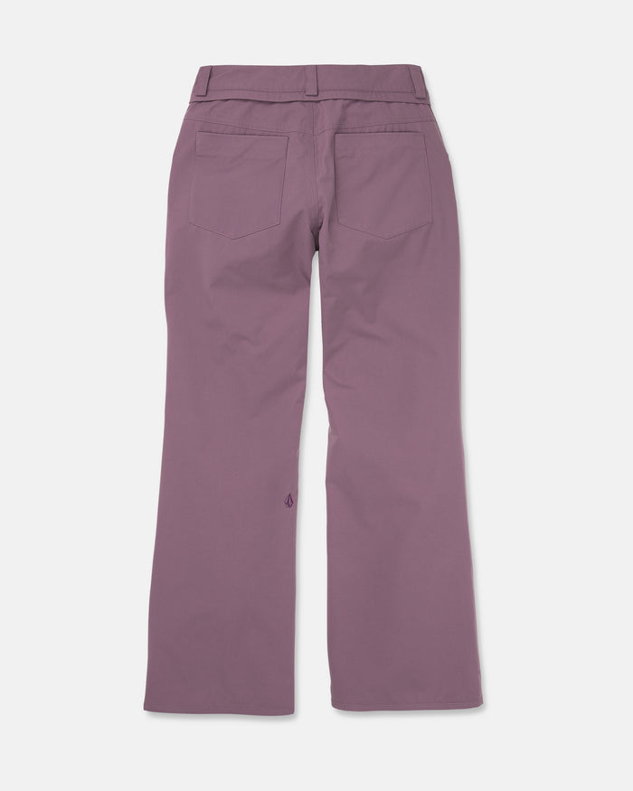 Back view of the Volcom Women’s Stoned Pants in mauve, featuring a slim mid-rise fit, two back pockets, and belt loops, laid flat on a white background.