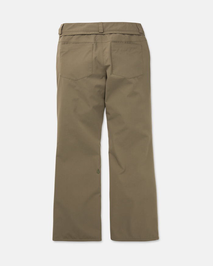 Back view of the Volcom Women’s Stoned Pants in khaki, featuring a slim mid-rise fit, two rear pockets, and straight legs, displayed against a white background.