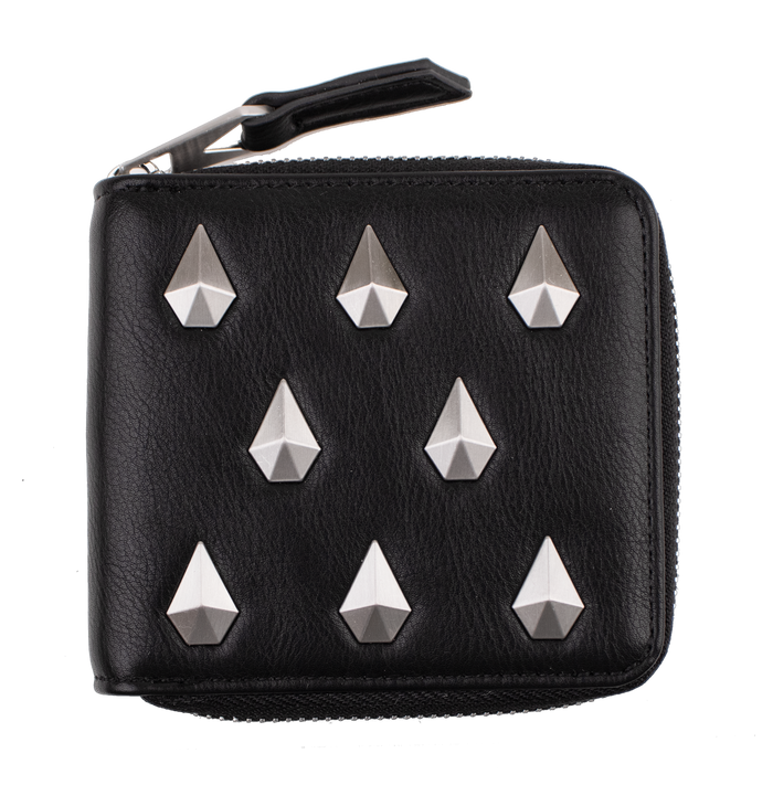 Introducing the Volcom Women's Studette Wallet: a sleek black leather compact wallet with a secure zipper closure and nine striking silver pyramid studs arranged in three bold rows on the front.