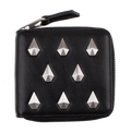 Introducing the Volcom Women's Studette Wallet: a sleek black leather compact wallet with a secure zipper closure and nine striking silver pyramid studs arranged in three bold rows on the front.