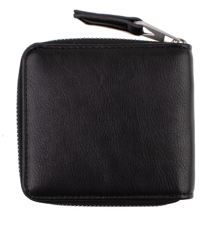 A black leather Women's Studette Wallet by Volcom with a zip closure, photographed closed against a plain white background. The compact wallet has a simple, smooth texture and appears brand new.