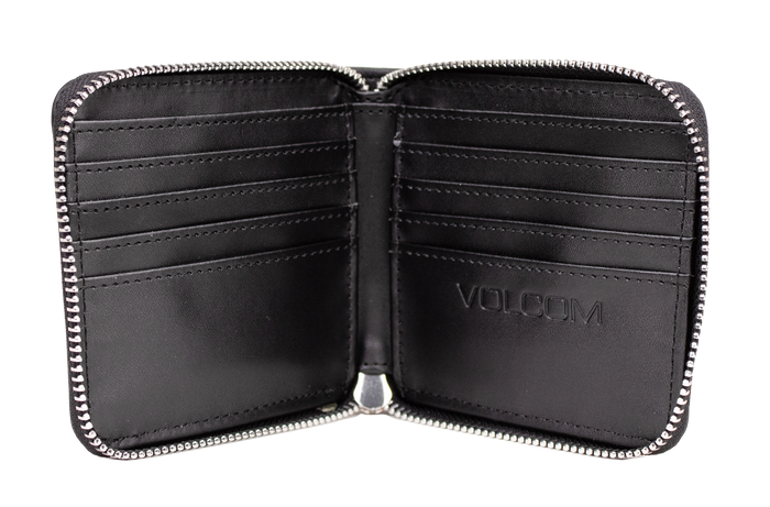 Here’s the rewritten sentence using your product data: Open Women's Studette Wallet by Volcom in black leather, featuring a zipper closure, eight card slots, and "VOLCOM" embossed on the inside right panel. This compact wallet is shown empty against a white background.