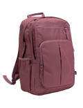 A mauve Volcom Women's Study Buddy Backpackq featuring multiple zippered compartments, a padded laptop sleeve, a side pocket, a front handle, and adjustable shoulder straps, displayed on a white background.