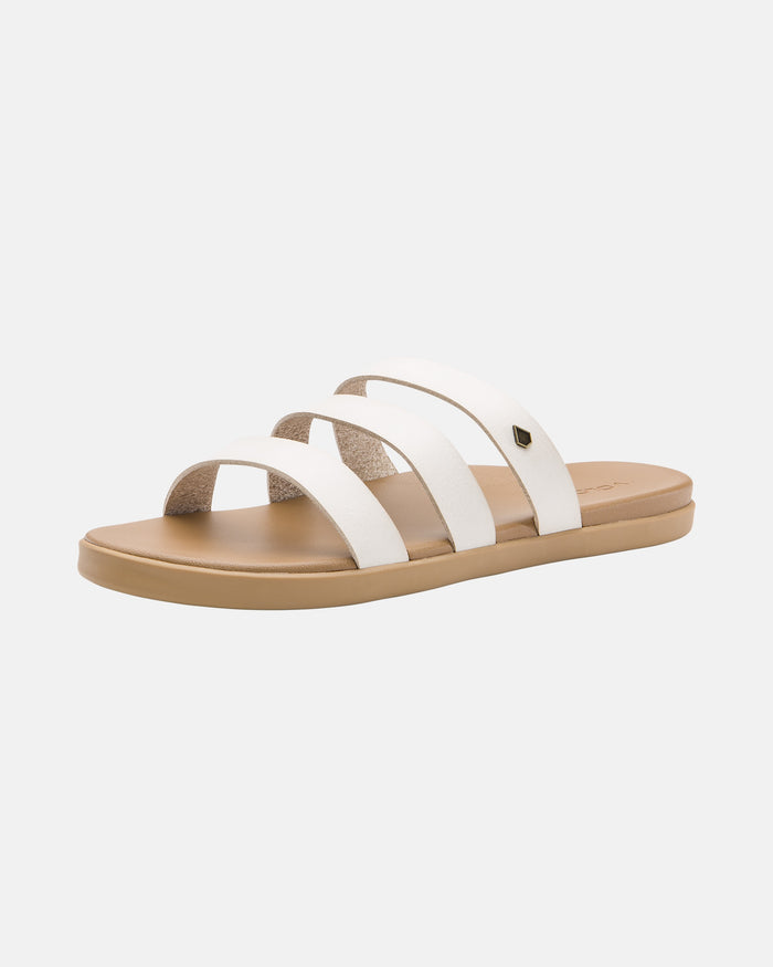 The Volcom Women's Sunseeker Sandals feature a white slip-on design with three horizontal straps and a tan footbed, displayed against a plain white background.