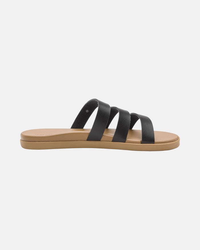 The Volcom Women's Sunseeker Sandals feature a tan sole and three black leather straps, showcased in a side view on a plain white background.