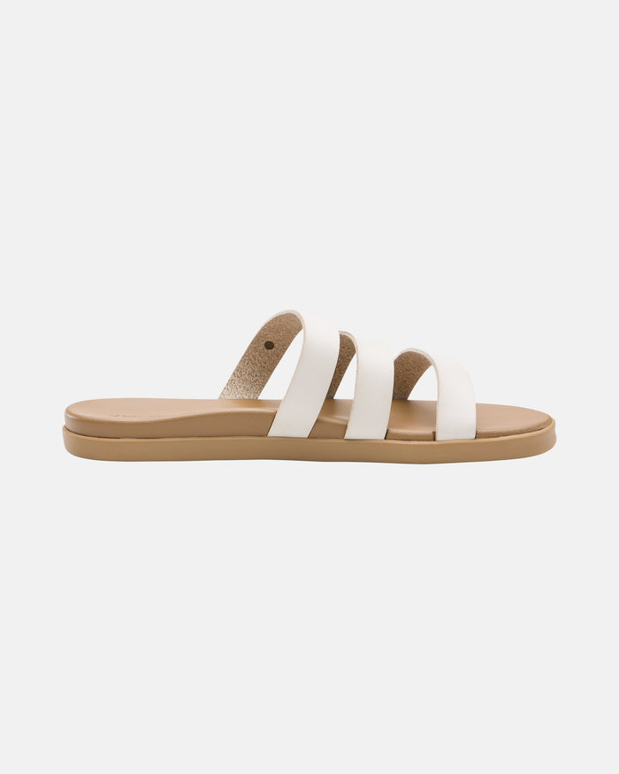 The Volcom Women's Sunseeker Sandals feature a tan sole and three wide white straps, displayed side view on a plain white background.