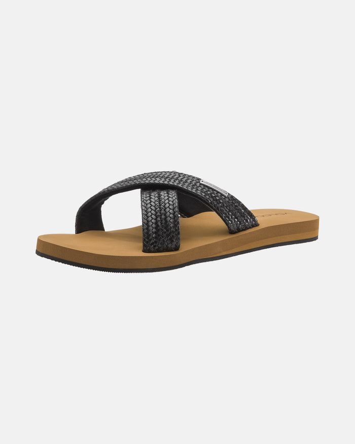 The Women's Volcom Double Cross Sandals by Volcom feature a tan sole and two wide, black textured crossed straps, shown on a white background.