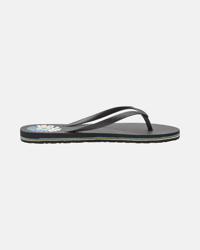 The Volcom Women's Volcomotion Wos Hawaii sandal is a black flip-flop with thin straps, a textured footbed, a small colorful design by the heel, and a layered sole featuring yellow and green stripes.