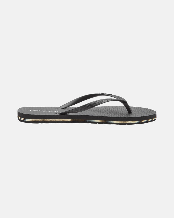 The Women's Volcomotion Womens sandal by Volcom features thin black straps and a textured sole for everyday comfort and classic style, shown from the side against a plain white background.