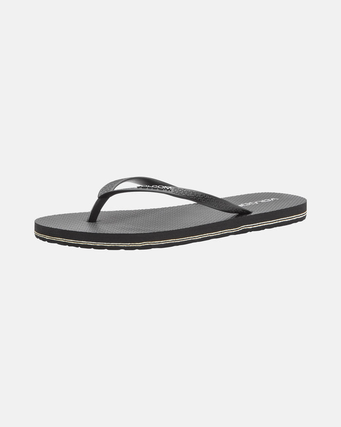The Volcom Women's Volcomotion sandal is a black flip-flop with a textured sole and thin strap, designed for everyday comfort and shown on a white background.