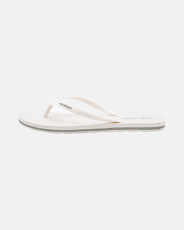 The Volcomotion Womens flip-flop by Volcom features a simple white design with a flat sole and thong strap, shown against a plain light background.