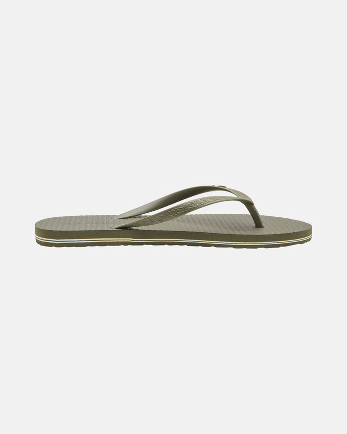 The Volcomotion Womens flip-flop by Volcom is shown in olive green with a textured sole and thin straps, photographed from the side against a plain white background.