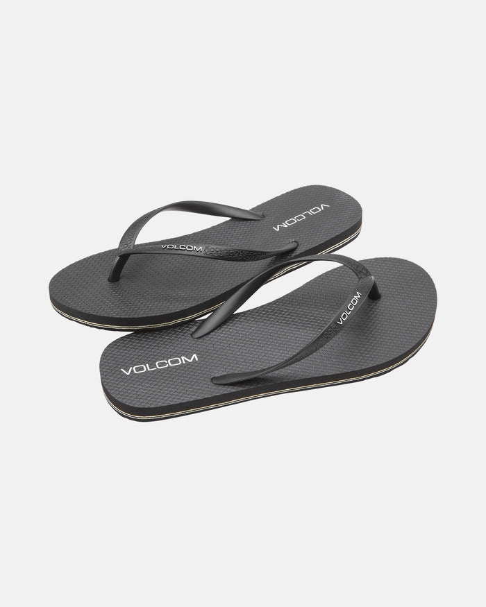 The Women's Volcomotion Womens by Volcom are black flip-flops with thin straps, simple textured soles, and white Volcom logos, providing everyday comfort. Displayed on a white background, these summer sandals are perfect for daily wear.