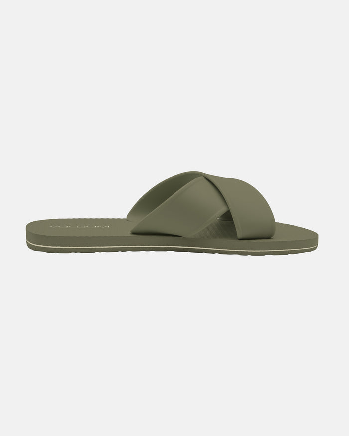The Women’s Volcomotion Strap Sandal by Volcom is shown in olive green with a flat sole and two wide X-cross straps, displayed against a plain white background.