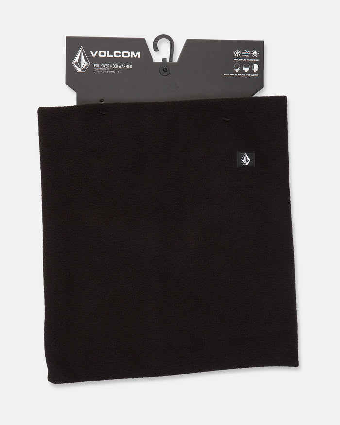 A Volcom Women’s V.Scout Neckband, crafted from soft polyester fleece for warmth and comfort, is shown in black on a branded black cardboard hanger featuring the Volcom logo and product details at the top.
