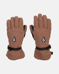 A pair of Volcom Women’s V.Snow Over Gloves in brown with black adjustable straps and a black and white geometric logo on the back of each hand, featuring waterproof insulation and durable grip palms, displayed on a white background.